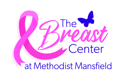 The Breast Center at Methodist Mansfield logo featuring a pink ribbon and a purple butterfly