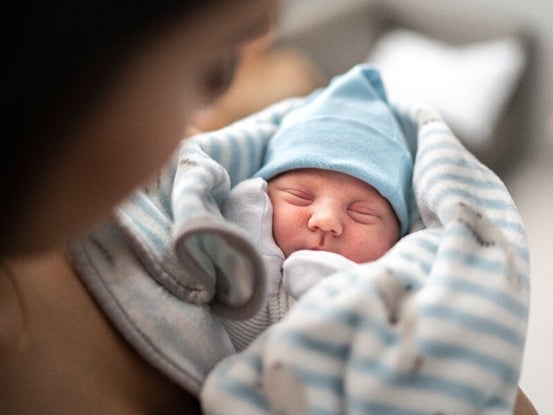 A newborn wrapped in a swaddling cloth and held in its mother's arms